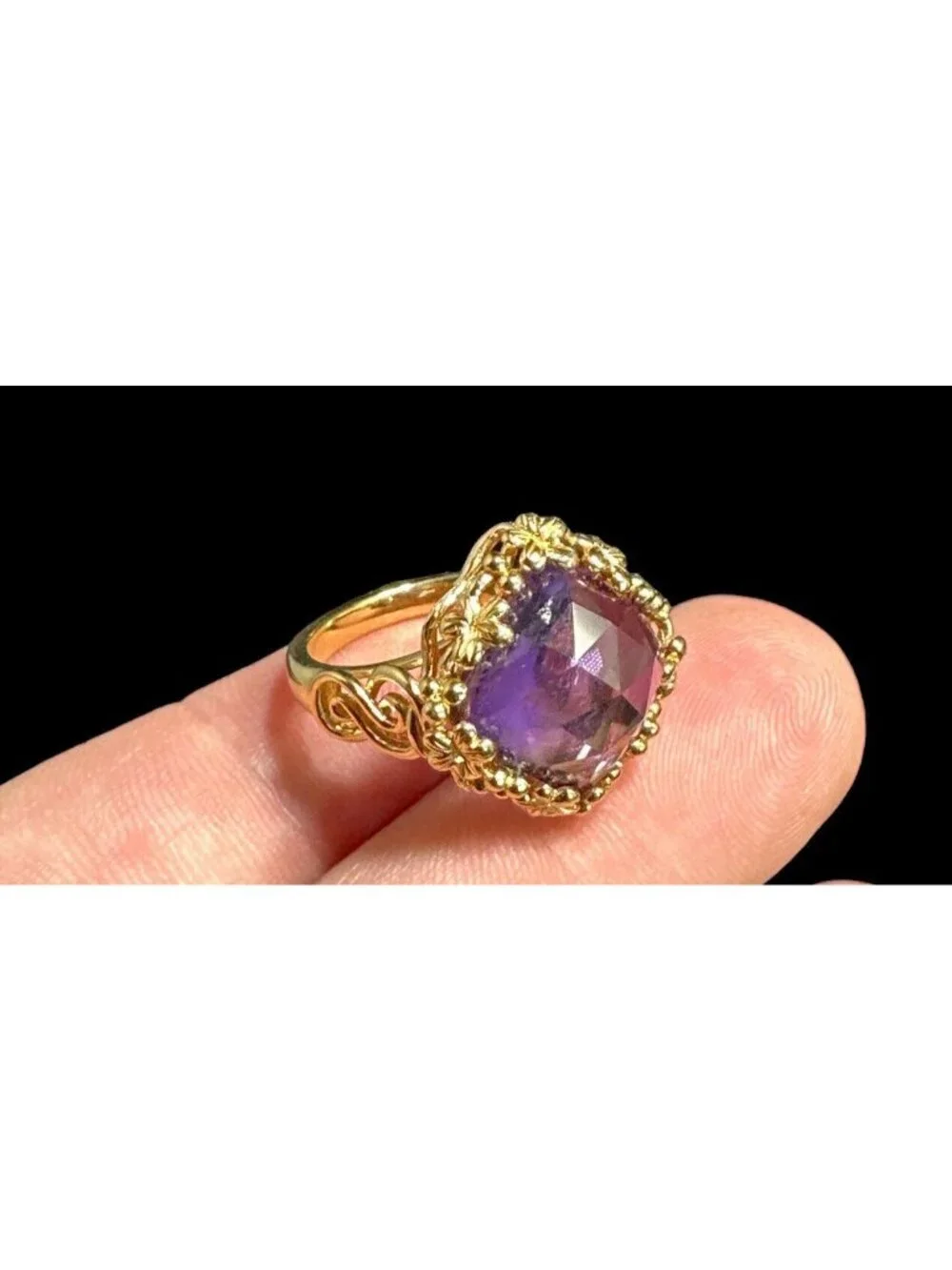 Michelle Albala Sterling Silver and Square Cut Amethyst Ring Floral Scrollwork